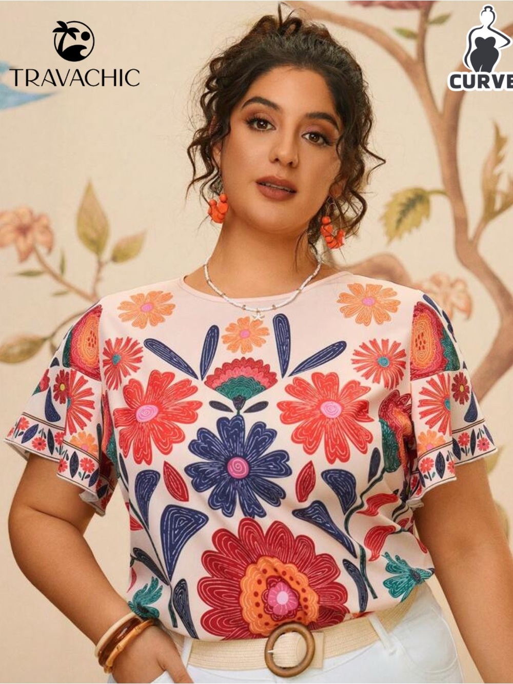 SHEIN Pink Floral Short Sleeve Tee with Multicolor Bloom Print